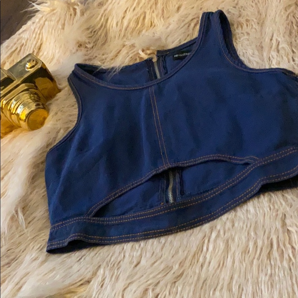 PrettyLittleThing Denim Cut Out Crop Top